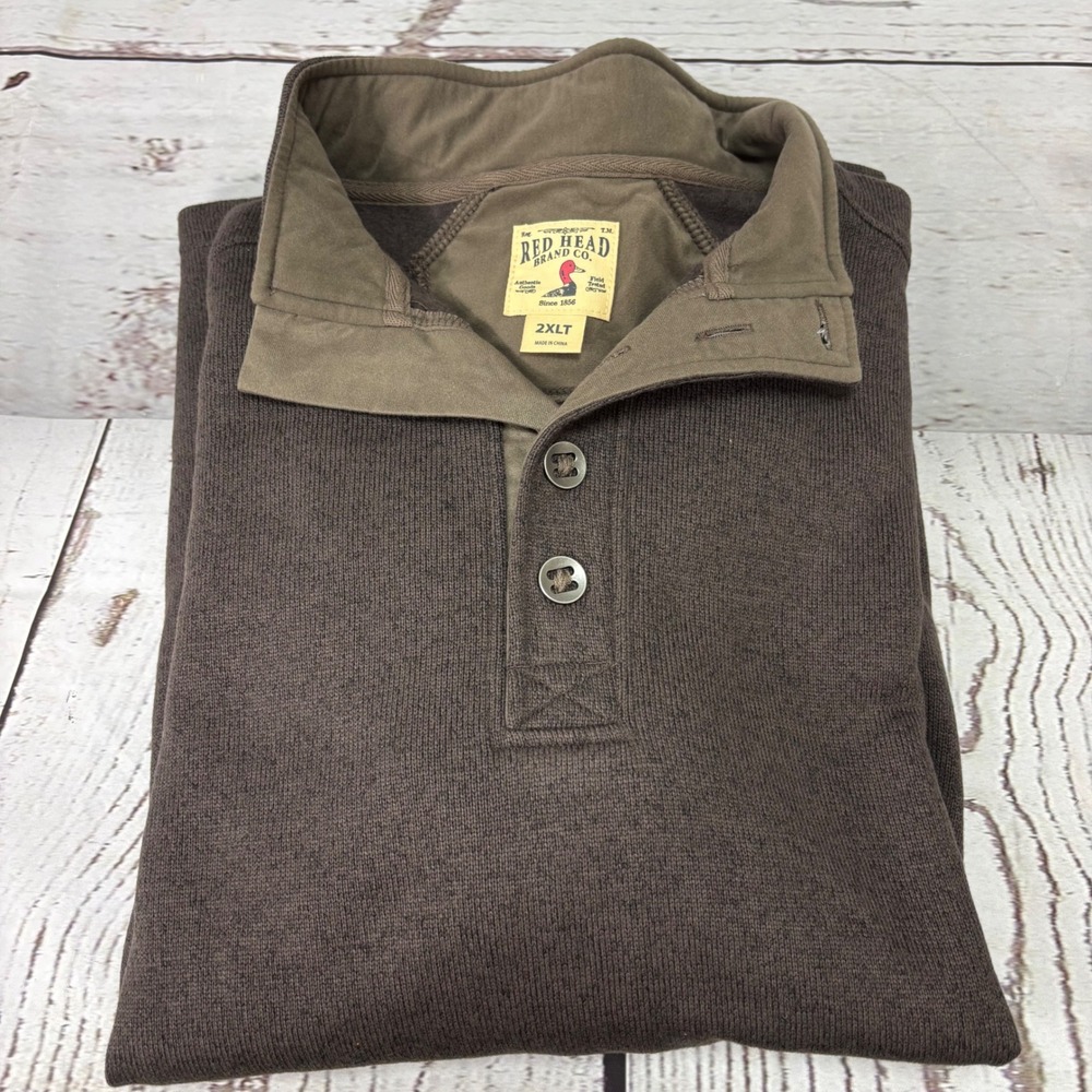 Red Head Brand Co Mens 2XLT Brown Fleece 3 Button Mock Neck Pullover Sweater